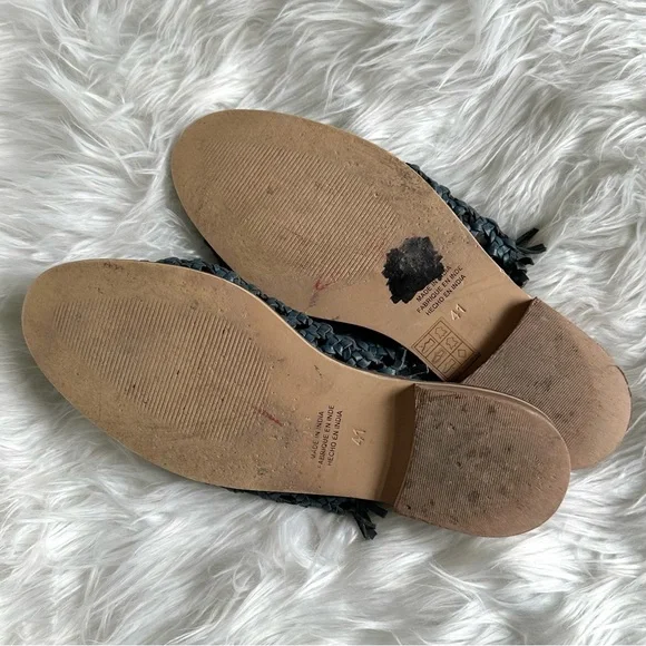 FREE PEOPLE 41 / 11 Mirage Woven Flats Leather Basket Weave Slip On Mules Navy - Picture 5 of 13